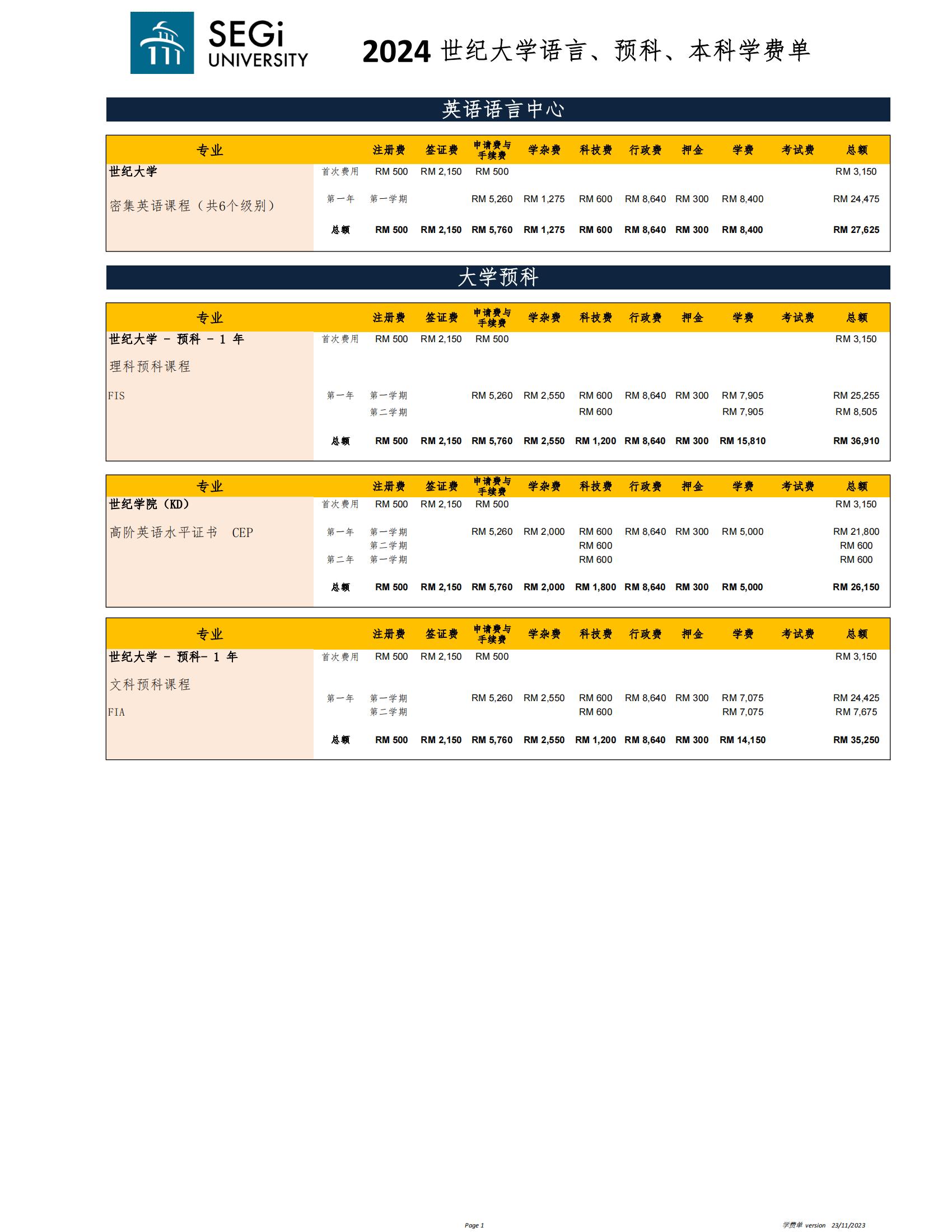 语言&预科学费单